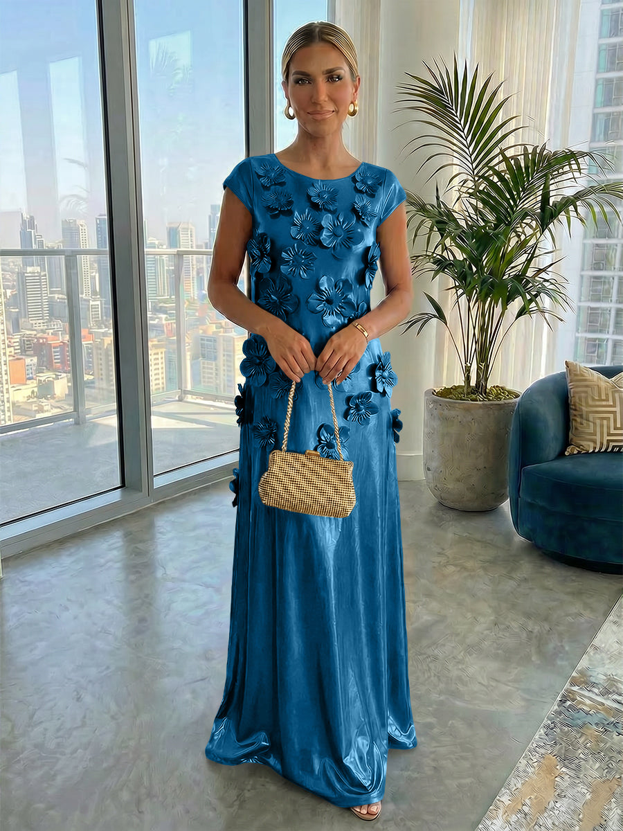 Metallic Satin Scoop Neck Floor-Length Formal Dresses Shift Dresses with 3D Flower