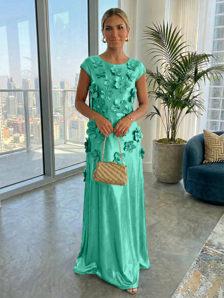 Metallic Satin Scoop Neck Floor-Length Formal Dresses Shift Dresses with 3D Flower
