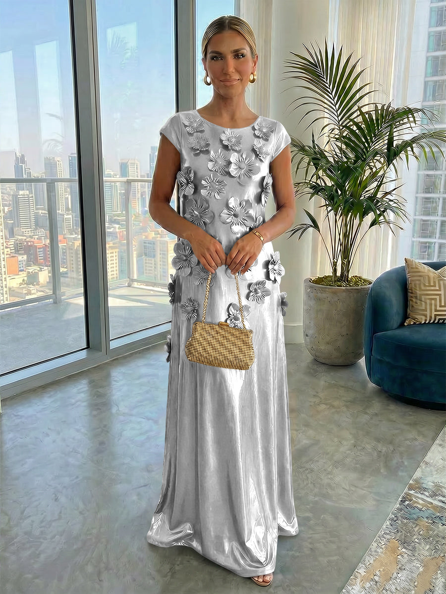 Metallic Satin Scoop Neck Floor-Length Formal Dresses Shift Dresses with 3D Flower
