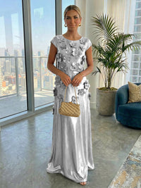 Metallic Satin Scoop Neck Floor-Length Formal Dresses Shift Dresses with 3D Flower