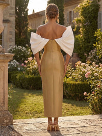 Satin Sheath/Column Off Shoulder Tea-Length Formal Dresses with Ruched Sleeves