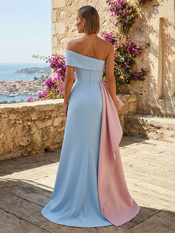 Satin Sheath/Column One Shoulder Floor-Length Formal Dresses with Sweep Train