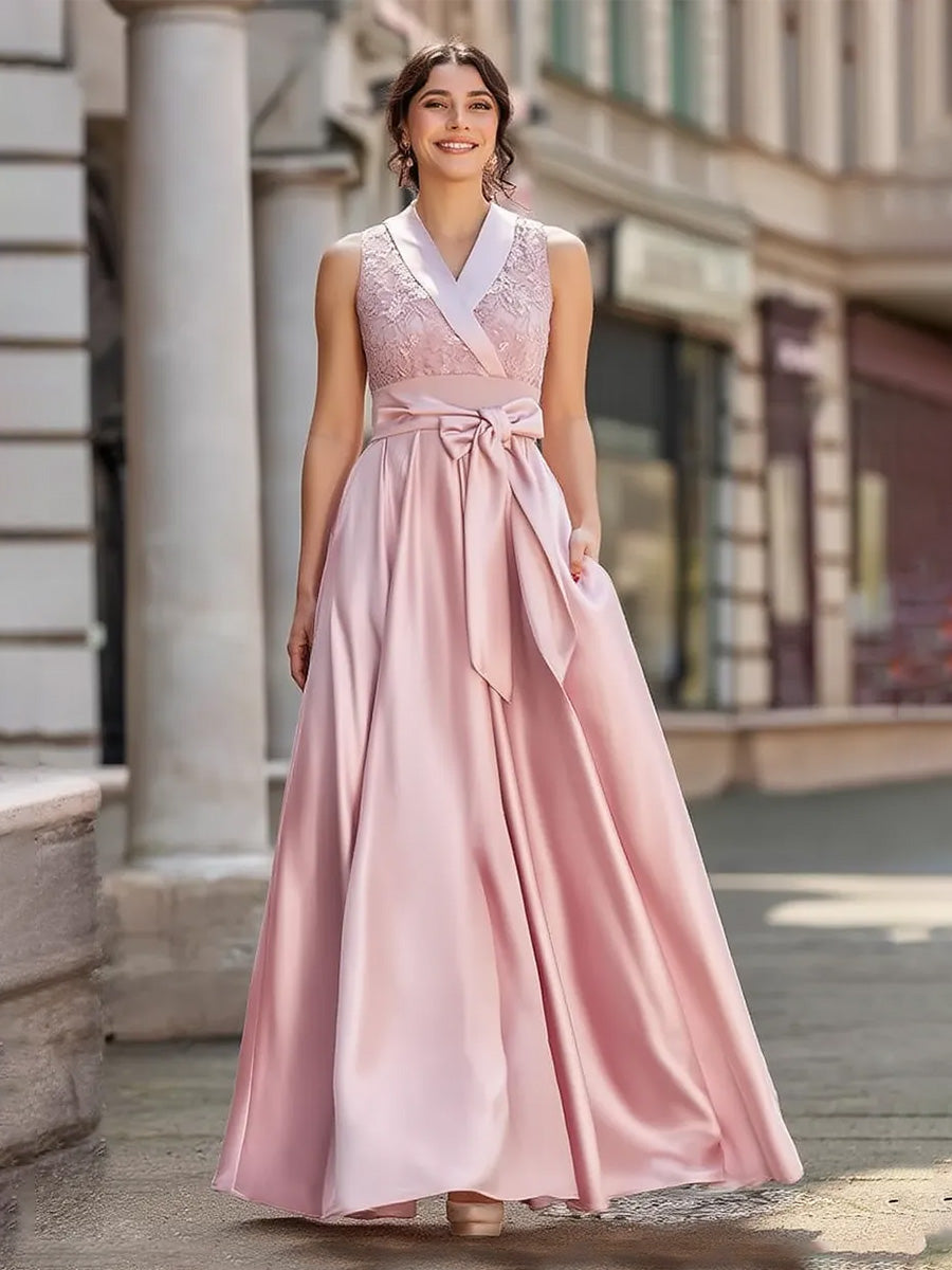 Satin A-Line/Princess V-Neck Floor-Length Formal Dresses with Belt