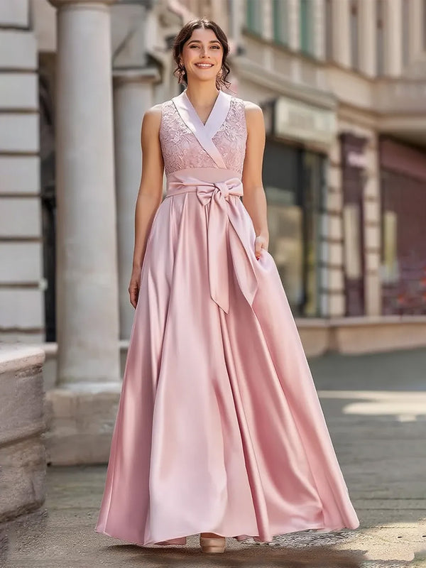 Satin A-Line/Princess V-Neck Floor-Length Formal Dresses with Belt