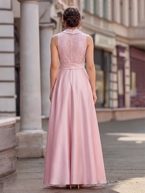 Satin A-Line/Princess V-Neck Floor-Length Formal Dresses with Belt
