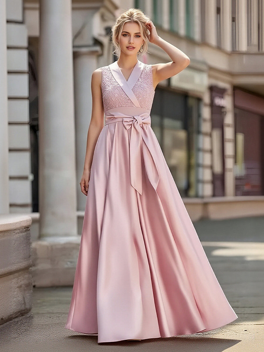 Satin A-Line/Princess V-Neck Floor-Length Formal Dresses with Belt