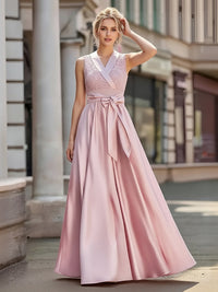 Satin A-Line/Princess V-Neck Floor-Length Formal Dresses with Belt