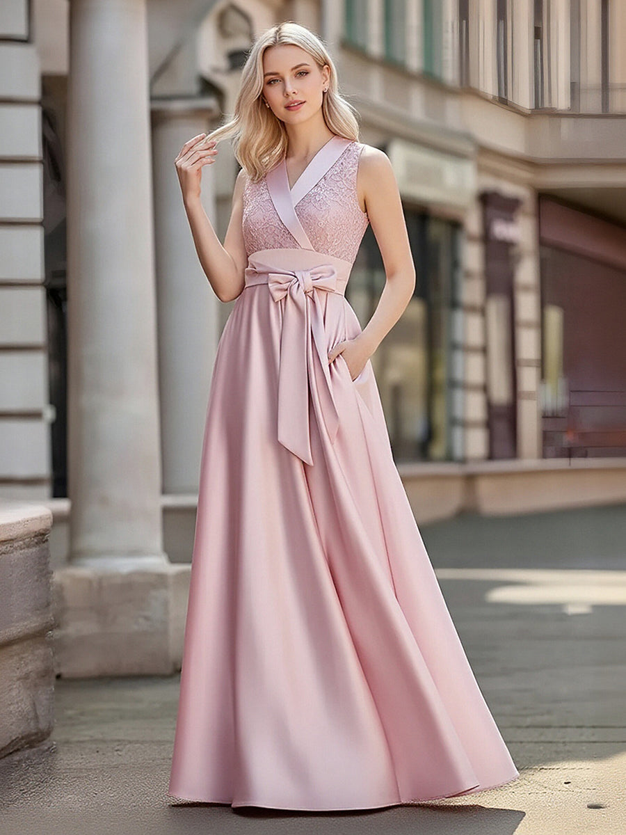 Satin A-Line/Princess V-Neck Floor-Length Formal Dresses with Belt