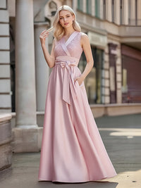 Satin A-Line/Princess V-Neck Floor-Length Formal Dresses with Belt