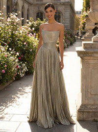 Metallic Satin A-Line/Princess Strapless Floor-Length Formal Dresses with Pleated