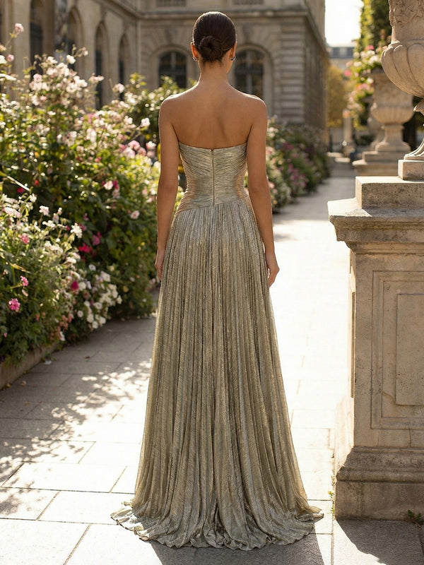 Metallic Satin A-Line/Princess Strapless Floor-Length Formal Dresses with Pleated