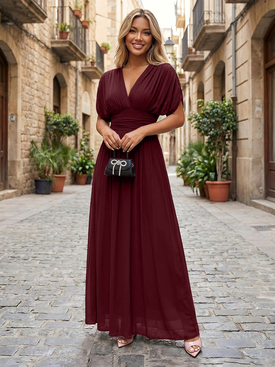 Chiffon A-Line/Princess V-Neck Floor-Length Formal Dresses with Ruched Waist