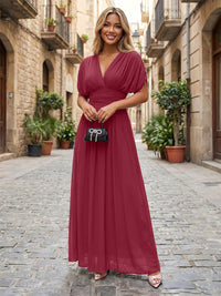 Chiffon A-Line/Princess V-Neck Floor-Length Formal Dresses with Ruched Waist