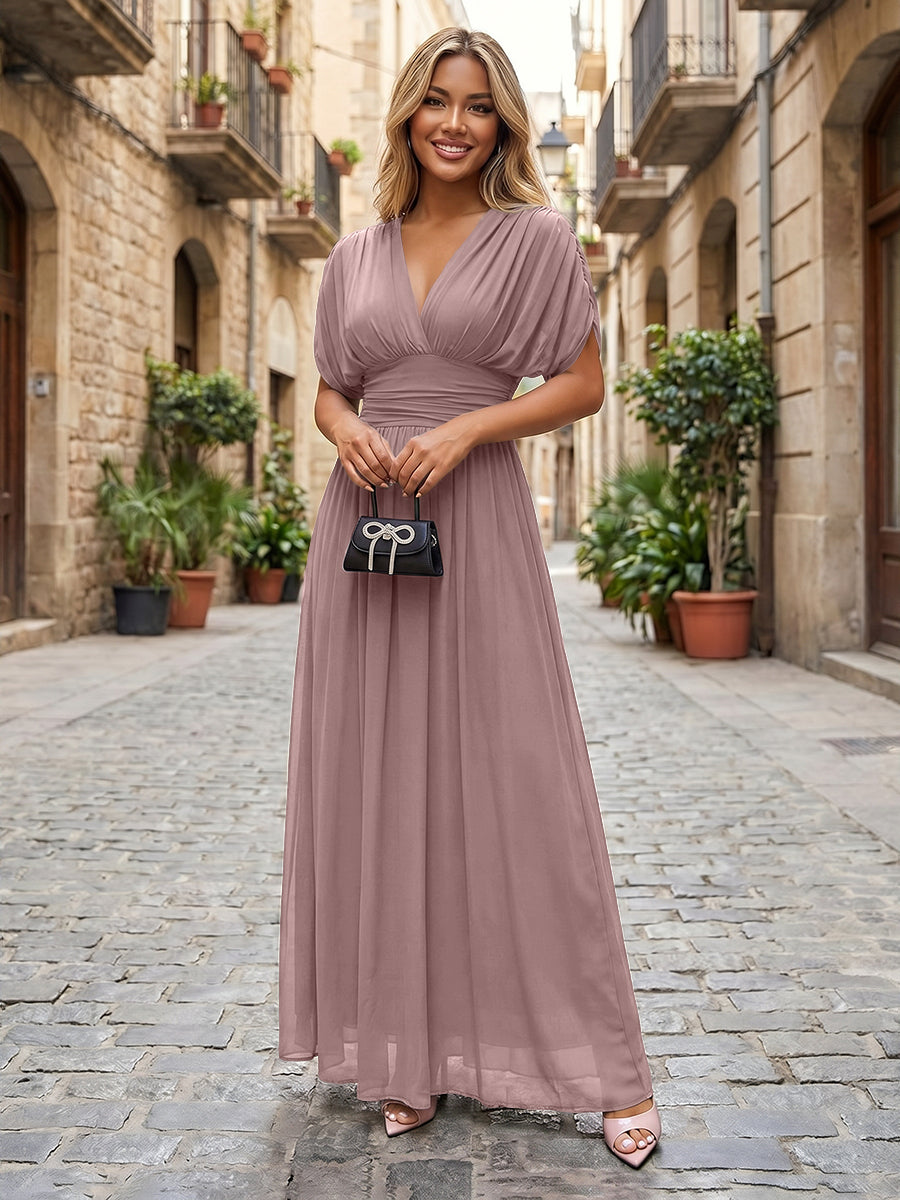 Chiffon A-Line/Princess V-Neck Floor-Length Formal Dresses with Ruched Waist