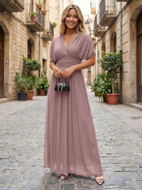 Chiffon A-Line/Princess V-Neck Floor-Length Formal Dresses with Ruched Waist