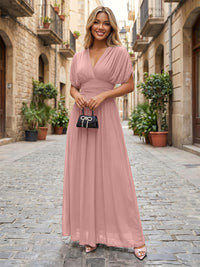 Chiffon A-Line/Princess V-Neck Floor-Length Formal Dresses with Ruched Waist