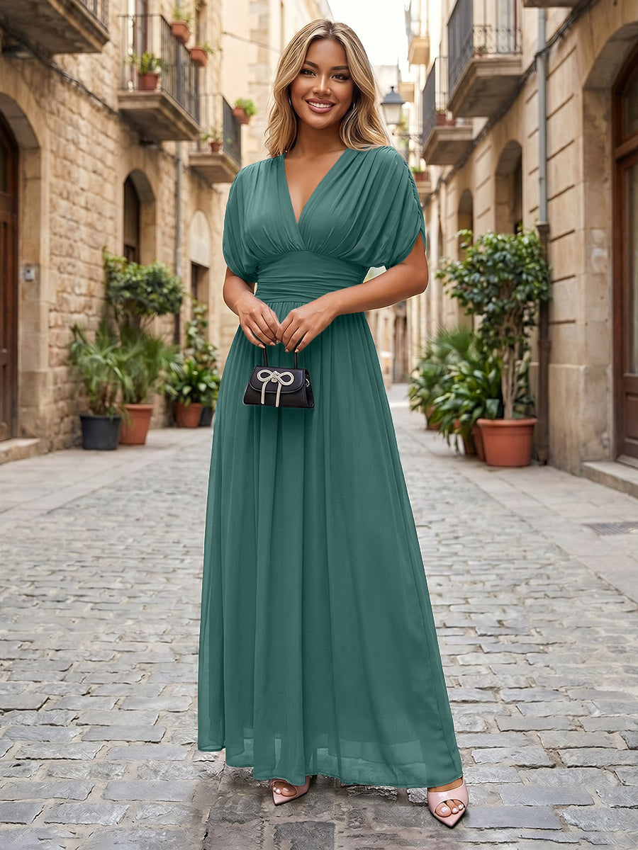Chiffon A-Line/Princess V-Neck Floor-Length Formal Dresses with Ruched Waist