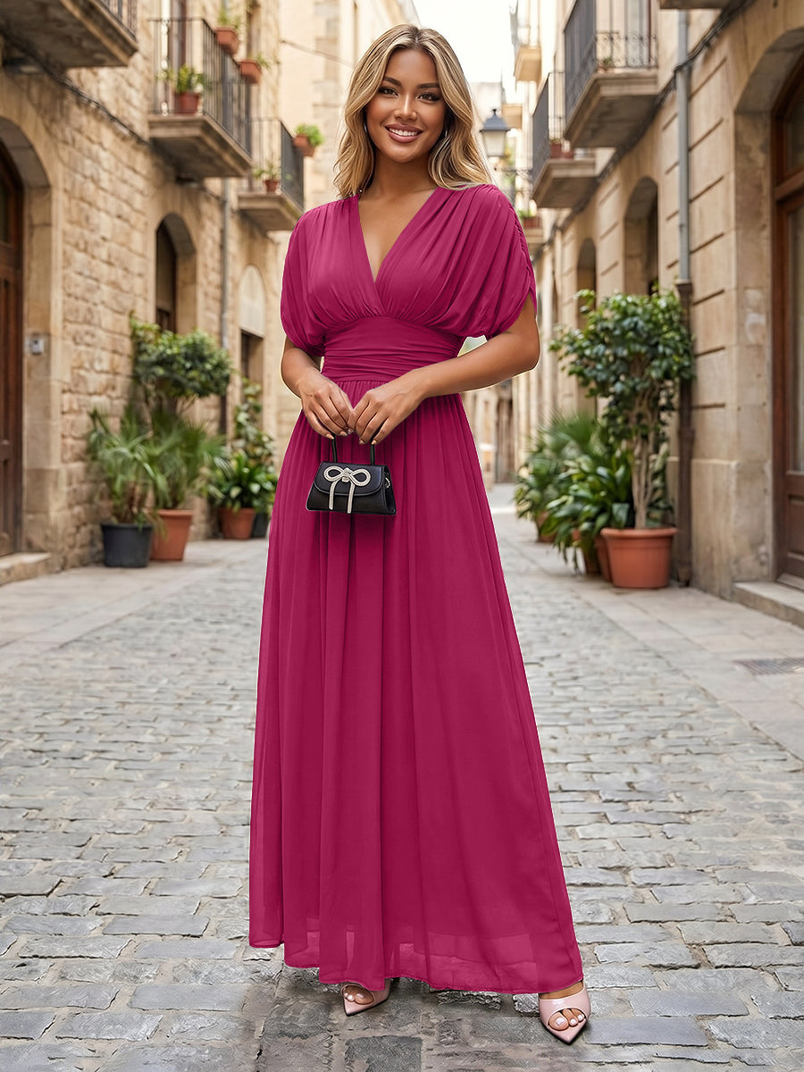 Chiffon A-Line/Princess V-Neck Floor-Length Formal Dresses with Ruched Waist