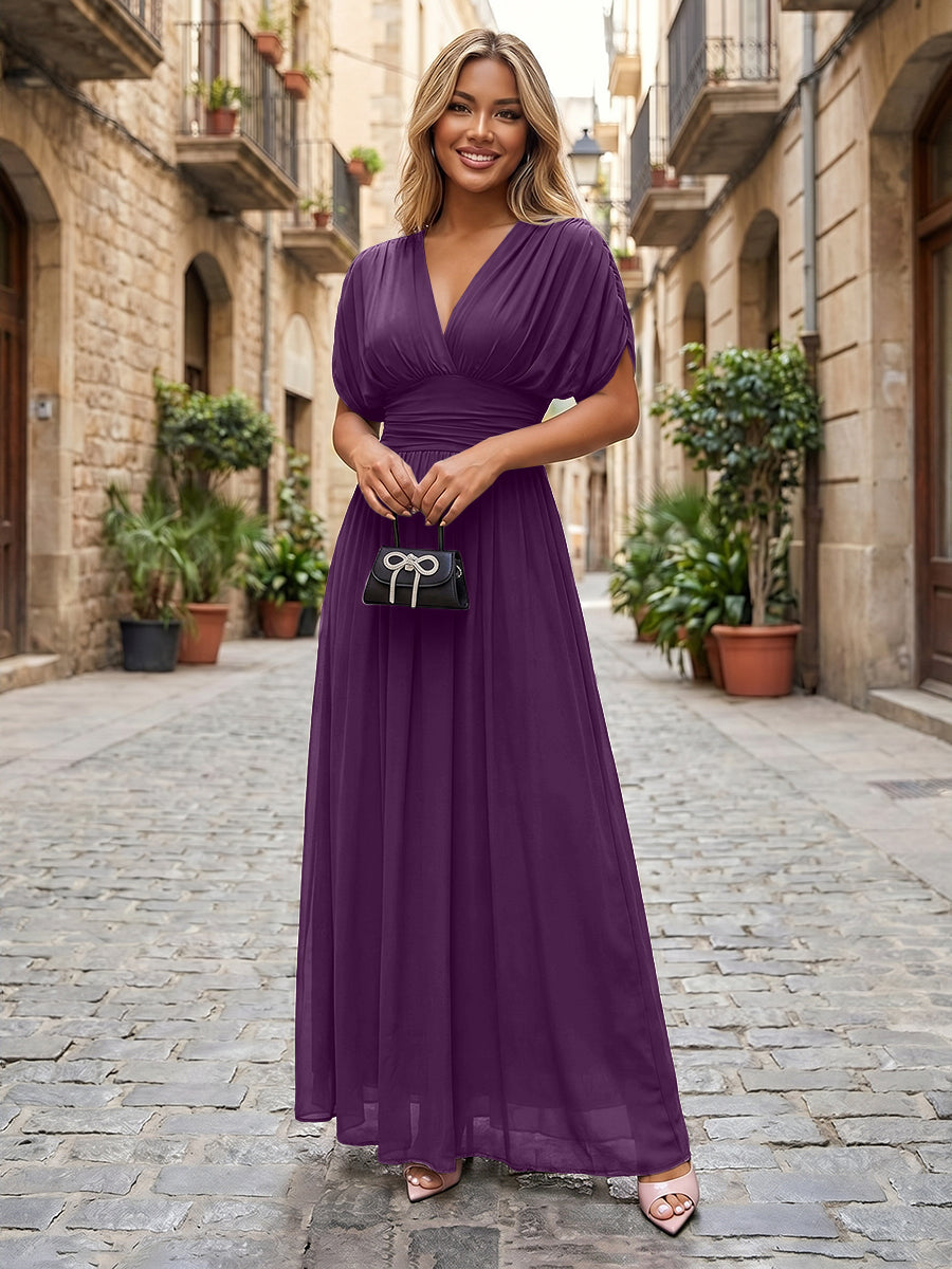 Shirees Orange Chiffon A-Line/Princess V-Neck Floor-Length Formal Dresses with Ruched Waist 2026