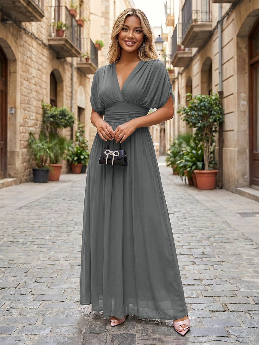 Chiffon A-Line/Princess V-Neck Floor-Length Formal Dresses with Ruched Waist