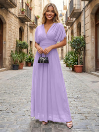 Chiffon A-Line/Princess V-Neck Floor-Length Formal Dresses with Ruched Waist