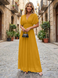 Chiffon A-Line/Princess V-Neck Floor-Length Formal Dresses with Ruched Waist