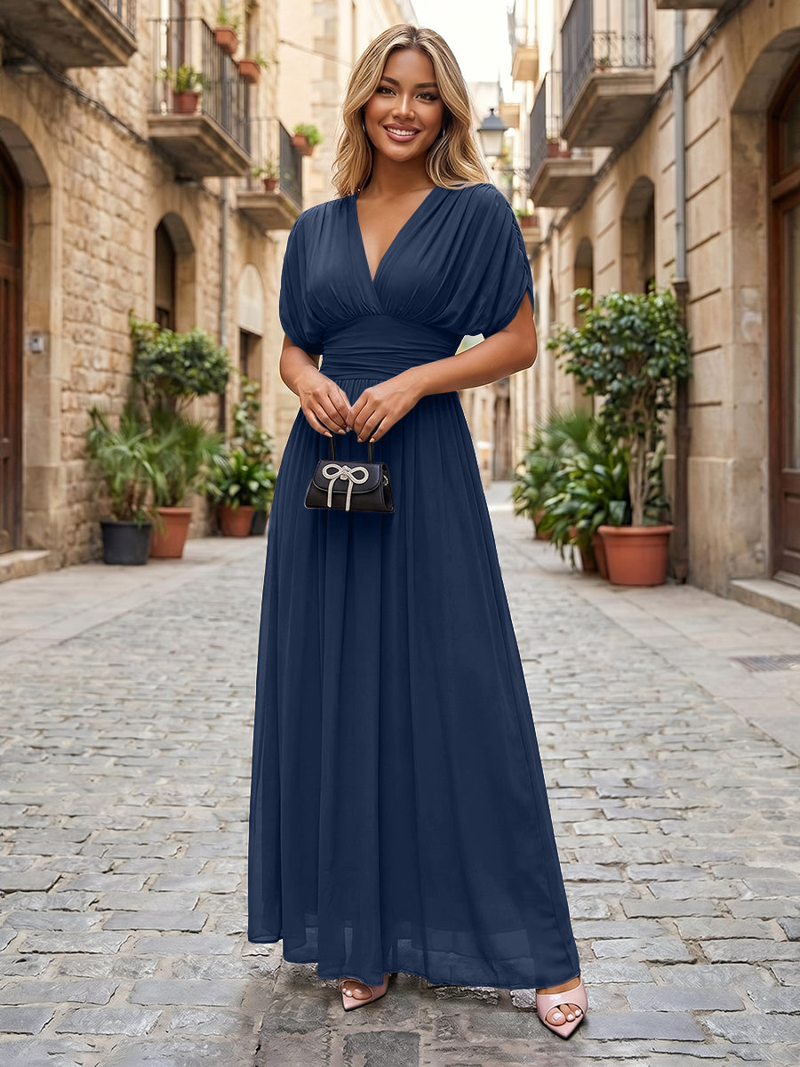 Shirees Navy Blue Chiffon A-Line/Princess V-Neck Floor-Length Formal Dresses with Ruched Waist 2026