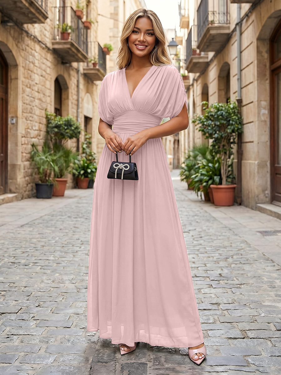 Chiffon A-Line/Princess V-Neck Floor-Length Formal Dresses with Ruched Waist