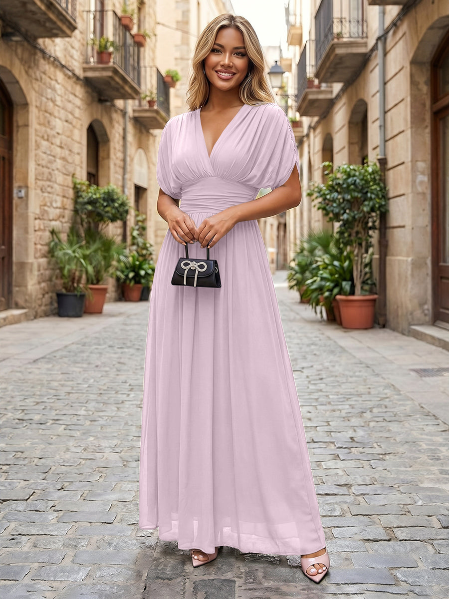 Chiffon A-Line/Princess V-Neck Floor-Length Formal Dresses with Ruched Waist