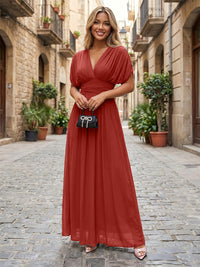 Chiffon A-Line/Princess V-Neck Floor-Length Formal Dresses with Ruched Waist