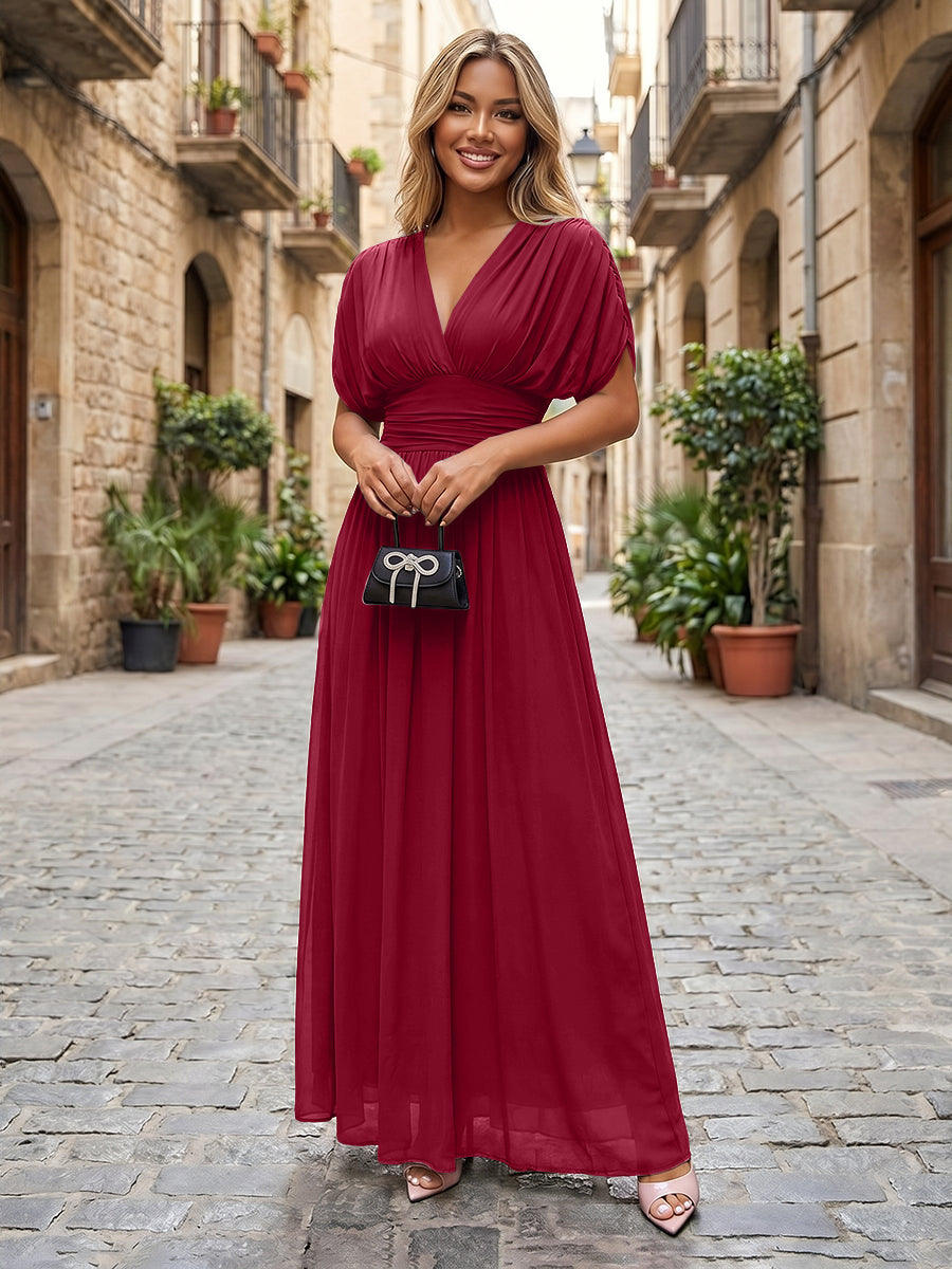 Chiffon A-Line/Princess V-Neck Floor-Length Formal Dresses with Ruched Waist