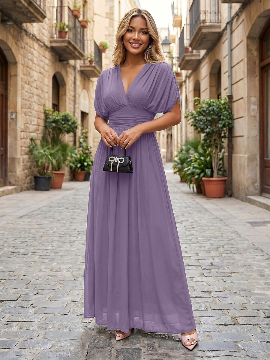 Chiffon A-Line/Princess V-Neck Floor-Length Formal Dresses with Ruched Waist