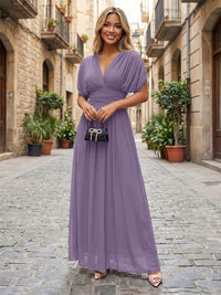 Chiffon A-Line/Princess V-Neck Floor-Length Formal Dresses with Ruched Waist