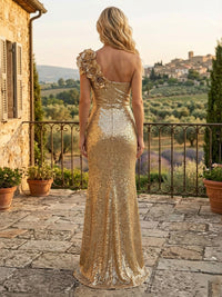 Metallic Satin Sheath/Column One Shoulder Floor-Length Formal Dresses with 3D Flowers & Slit