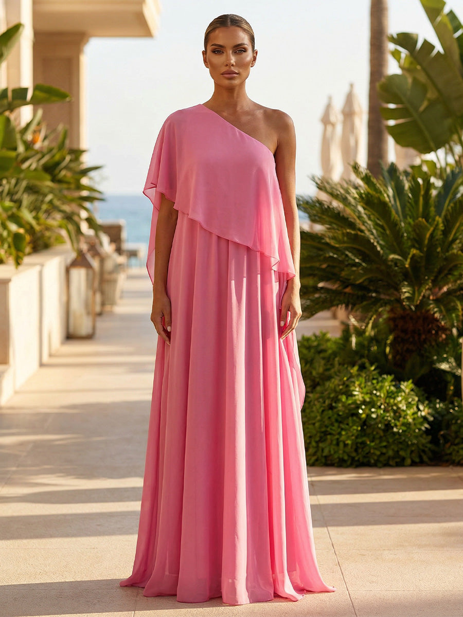 Chiffon A-Line/Princess One Shoulder Floor-Length Formal Dresses with Pleated