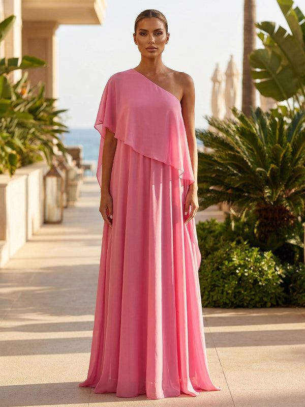 Chiffon A-Line/Princess One Shoulder Floor-Length Formal Dresses with Pleated