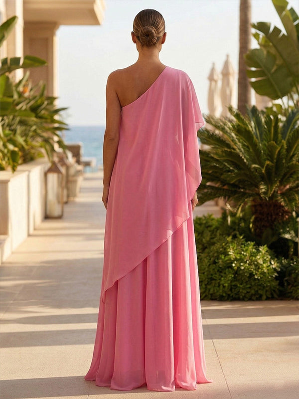 Chiffon A-Line/Princess One Shoulder Floor-Length Formal Dresses with Pleated