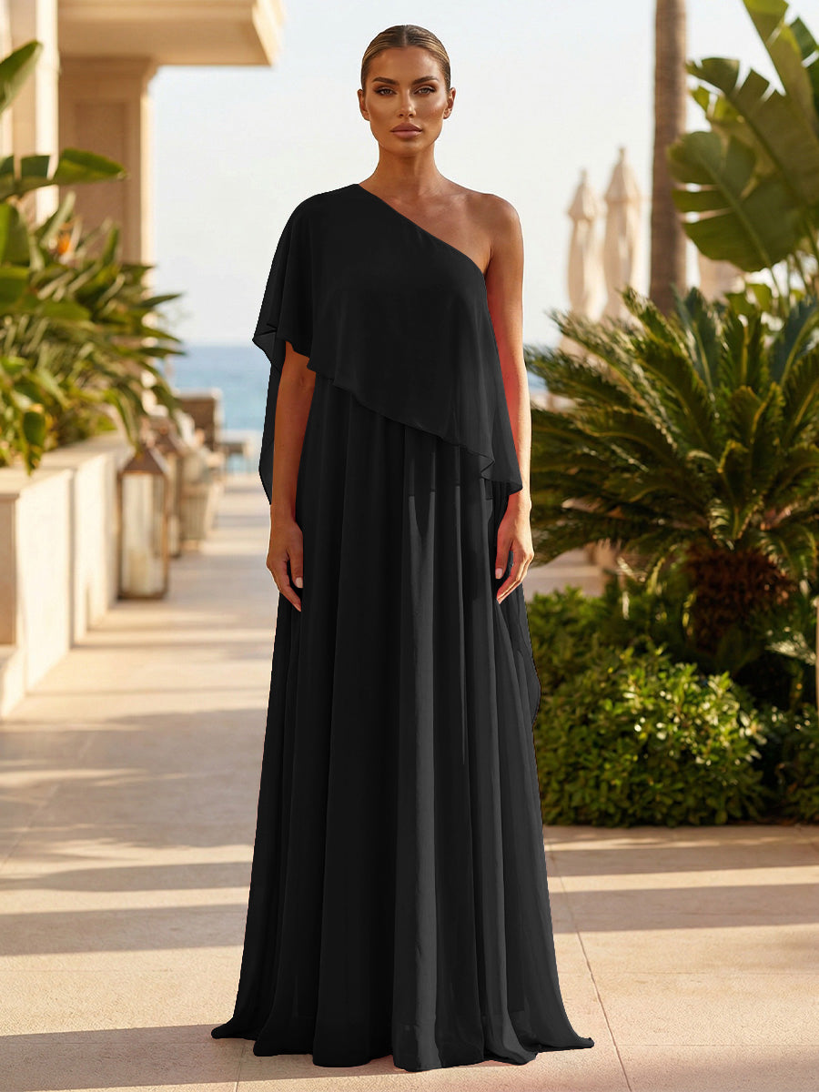 Chiffon A-Line/Princess One Shoulder Floor-Length Formal Dresses with Pleated