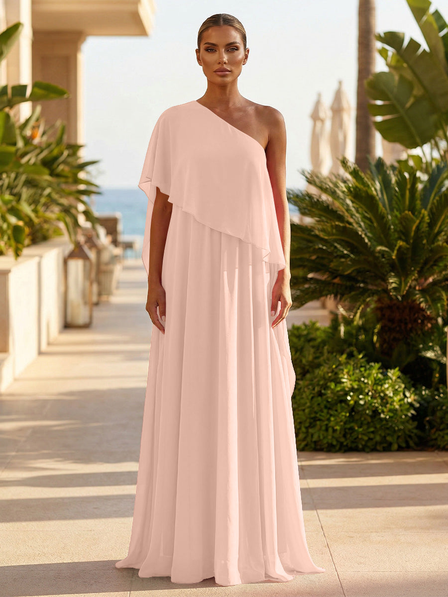 Chiffon A-Line/Princess One Shoulder Floor-Length Formal Dresses with Pleated