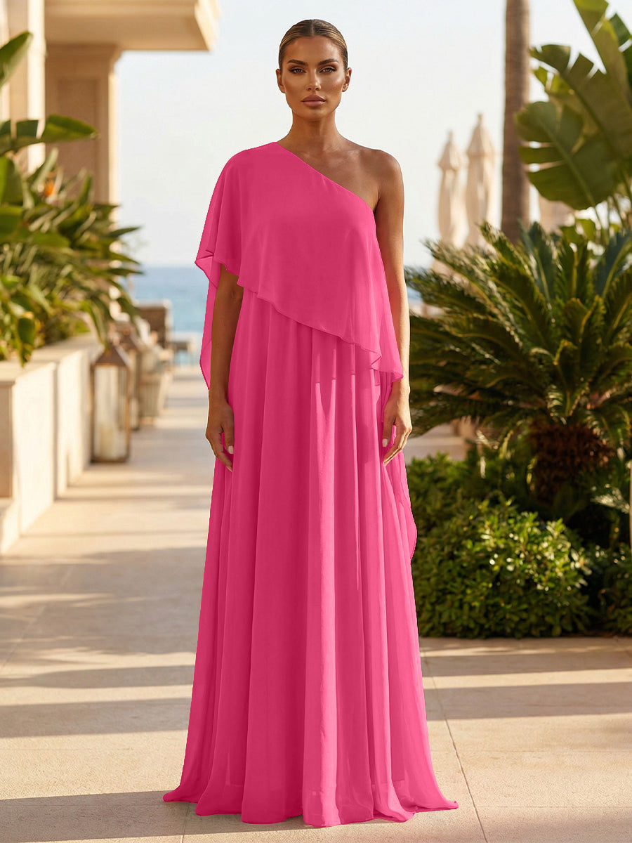 Chiffon A-Line/Princess One Shoulder Floor-Length Formal Dresses with Pleated