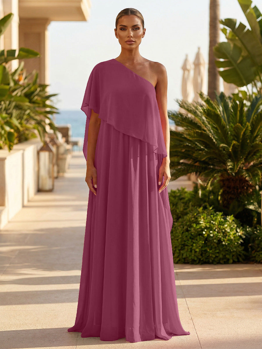 Chiffon A-Line/Princess One Shoulder Floor-Length Formal Dresses with Pleated