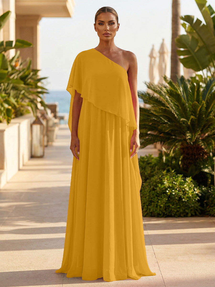 Chiffon A-Line/Princess One Shoulder Floor-Length Formal Dresses with Pleated