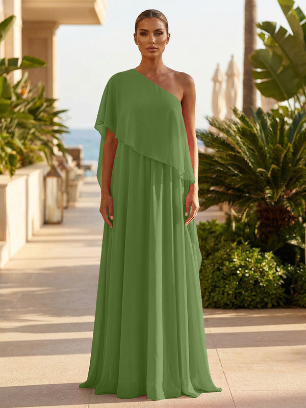 Chiffon A-Line/Princess One Shoulder Floor-Length Formal Dresses with Pleated