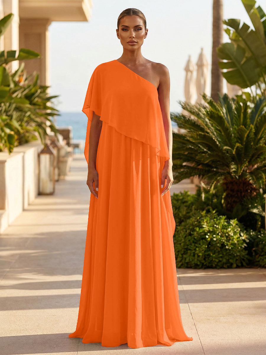 Chiffon A-Line/Princess One Shoulder Floor-Length Formal Dresses with Pleated