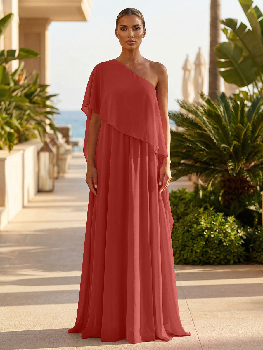 Chiffon A-Line/Princess One Shoulder Floor-Length Formal Dresses with Pleated