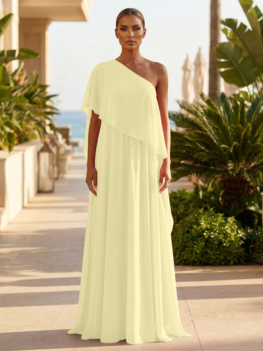 Chiffon A-Line/Princess One Shoulder Floor-Length Formal Dresses with Pleated