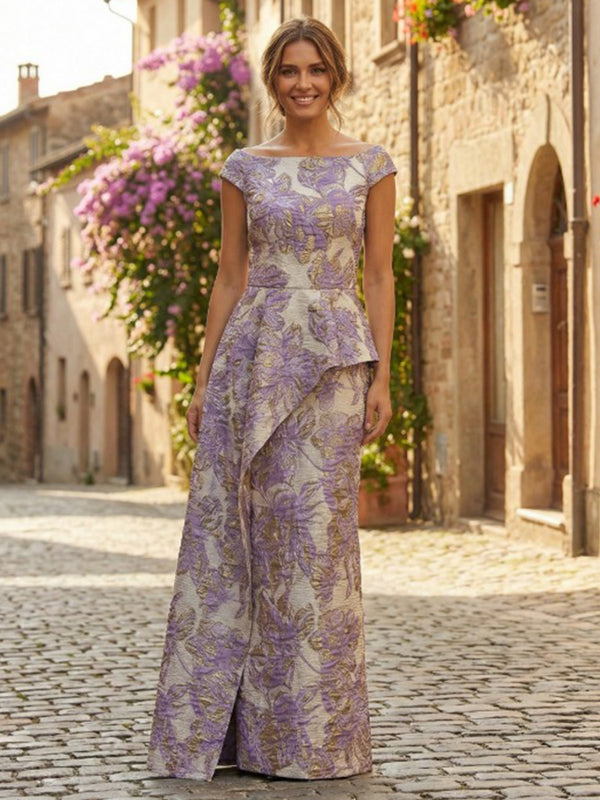 Jacquard Sheath/Column Scoop Neck Floor-Length Formal Dresses with Ruffles