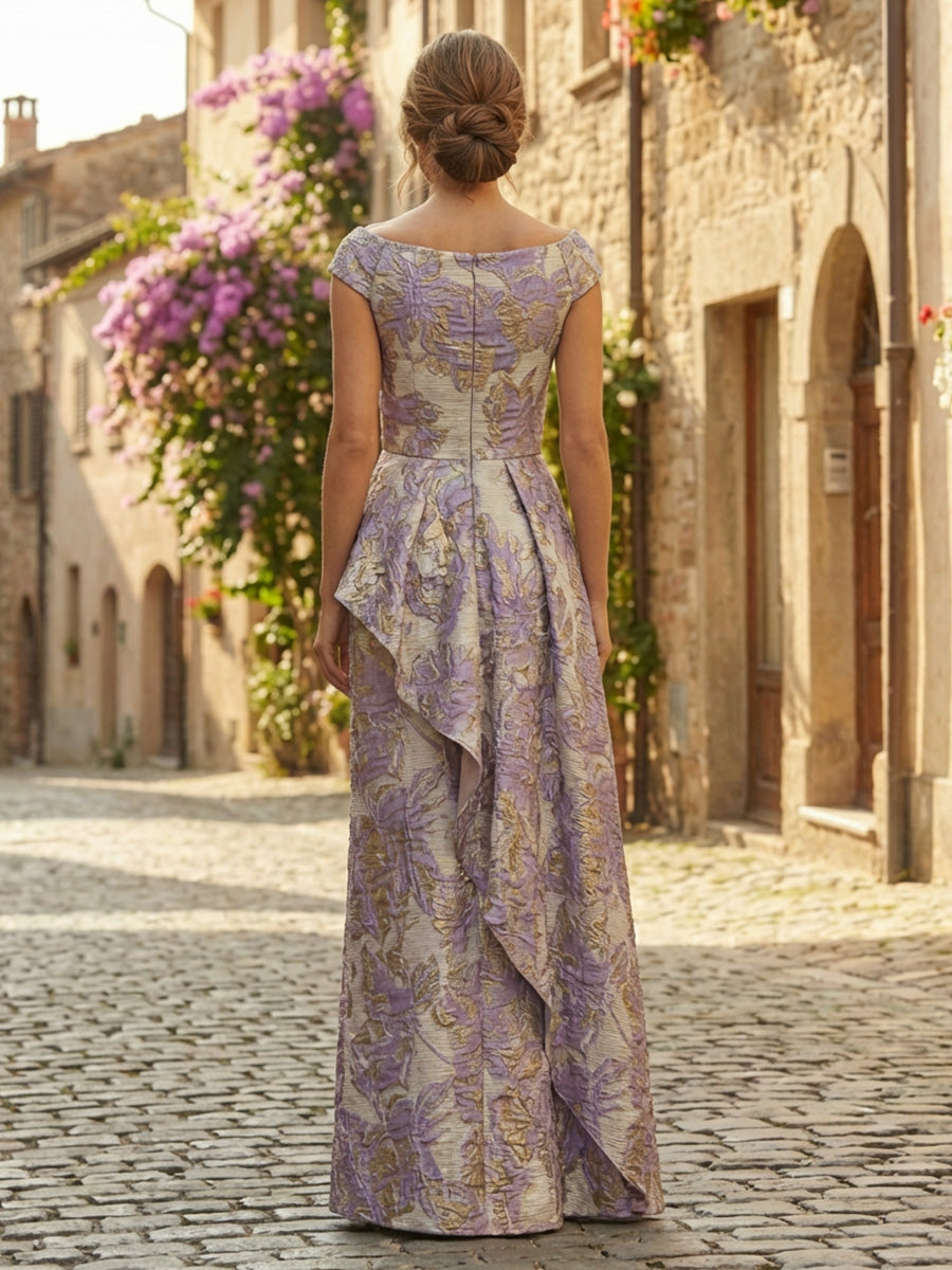 Jacquard Sheath/Column Scoop Neck Floor-Length Formal Dresses with Ruffles
