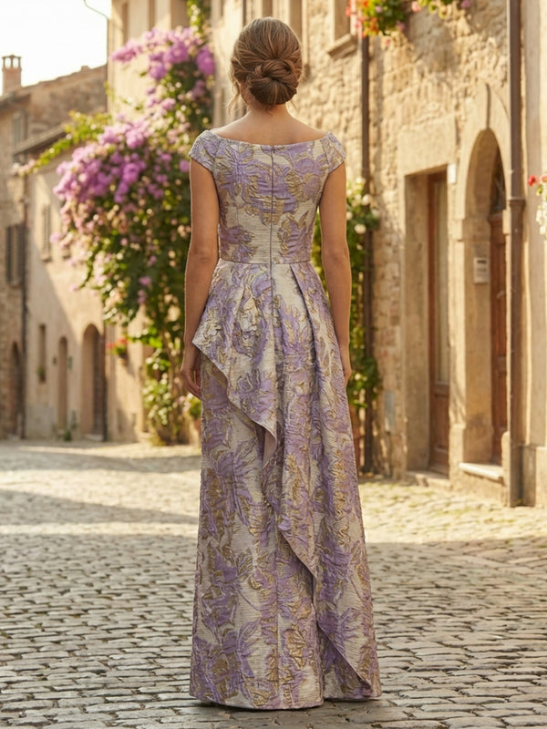 Jacquard Sheath/Column Scoop Neck Floor-Length Formal Dresses with Ruffles
