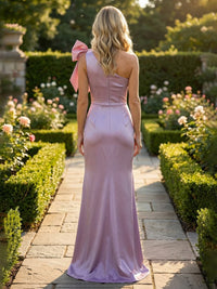 Satin Sheath/Column One Shoulder Floor-Length Formal Dresses with Slit & Bow